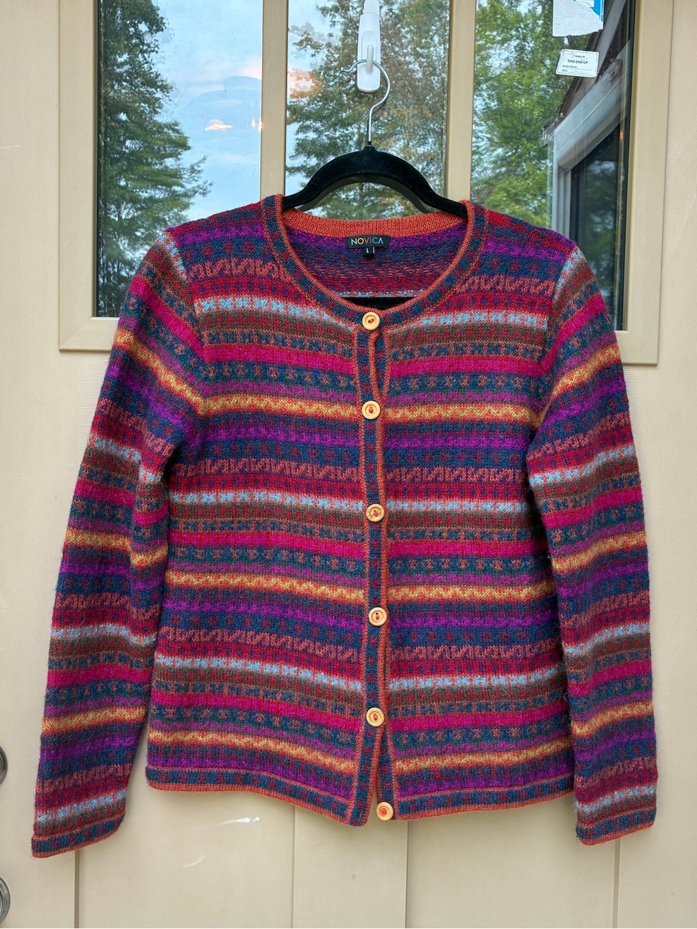 Novica Cardigan Sweater Multicolor Striped Button Front 100% Alpaca Women Large